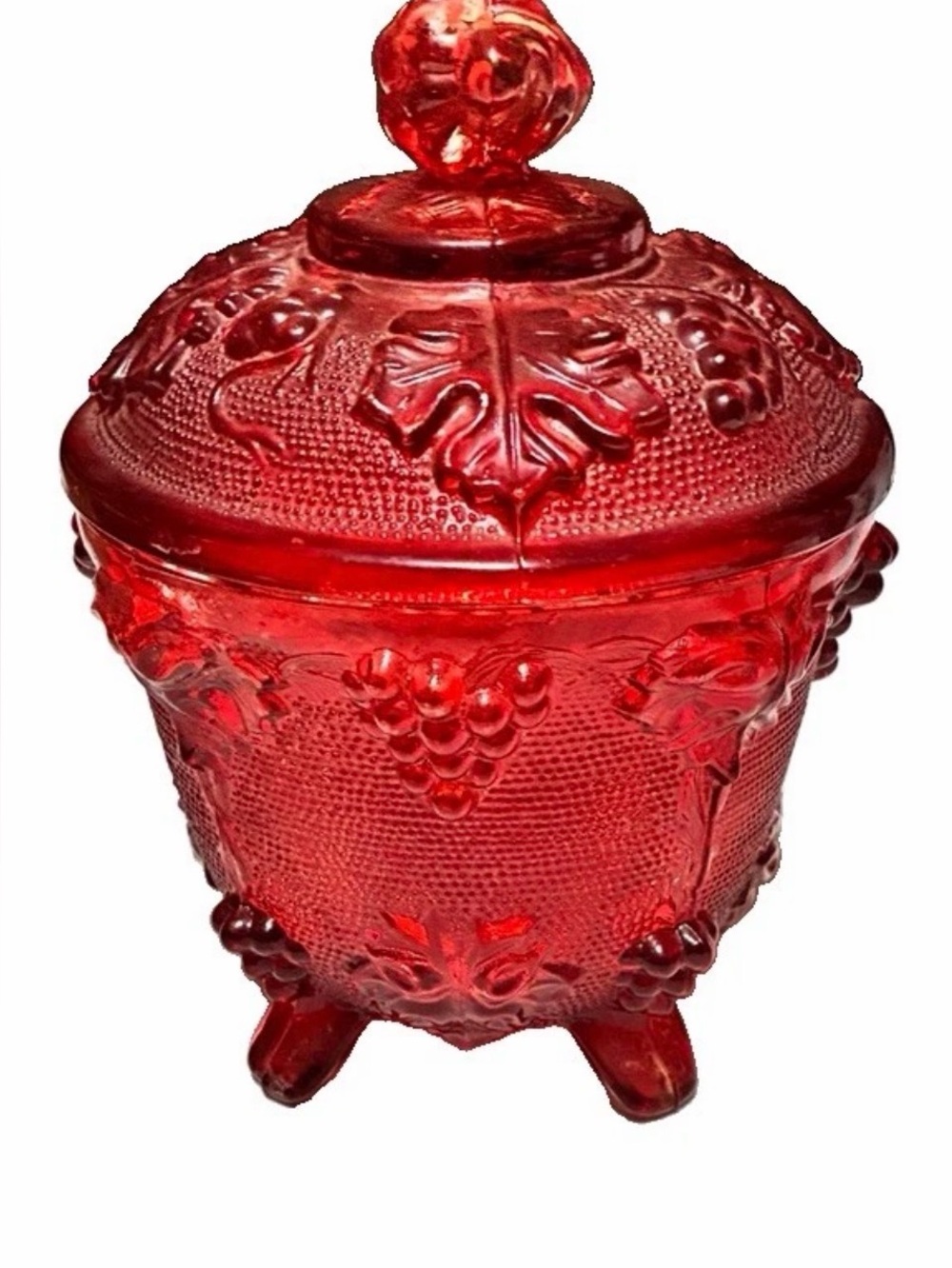 Vintage Ruby Red  Jeannette Grape Leaf Covered Candy Dish